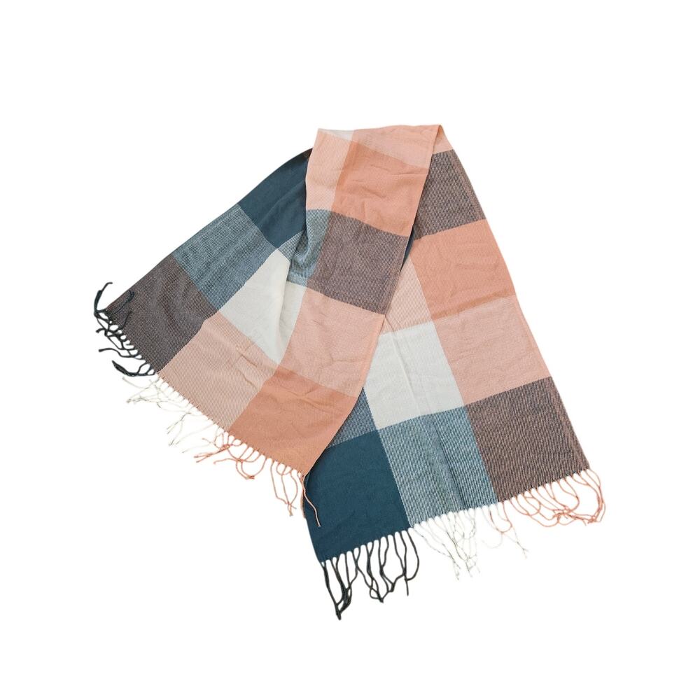 Soft Plaid Fringe Shawl Scarf Wrap Peach Blue Gray Acrylic 23x70